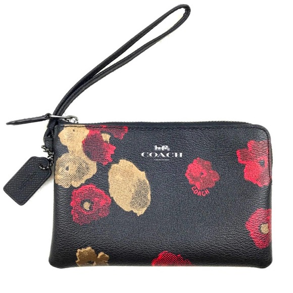 Coach Corner Zip Wristlet in Black And Poppy camo Flowers - Picture 1 of 8